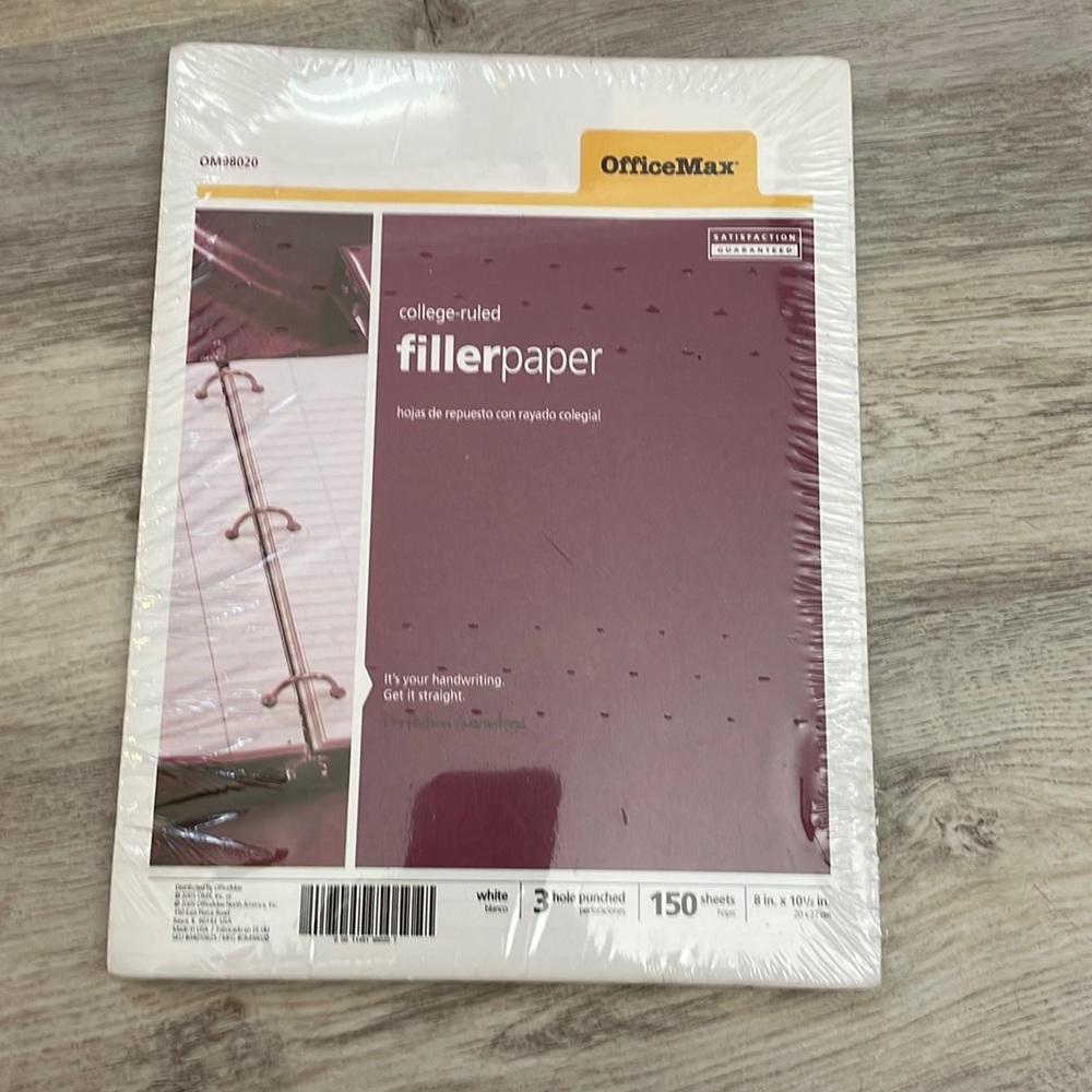 OfficeMax 150 Sheets 8x10 College-Ruled 3 Hole Punched White Paper *Free Bundled